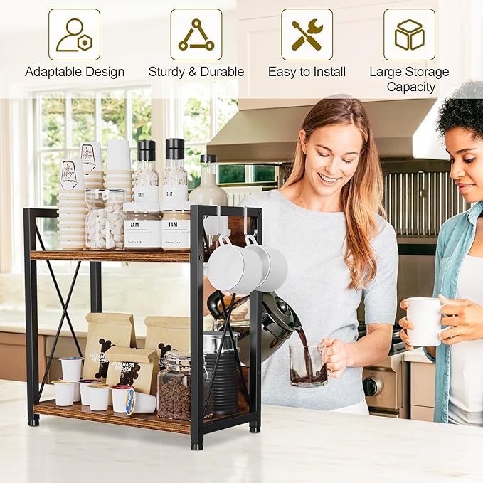 Snughome Countertop Shelf Organizer, Kitchen Counter Shelf with Hooks, 2 Tier Spice Rack for Kitchen Countertop,Coffee Station，(Rustic Brown, Large)