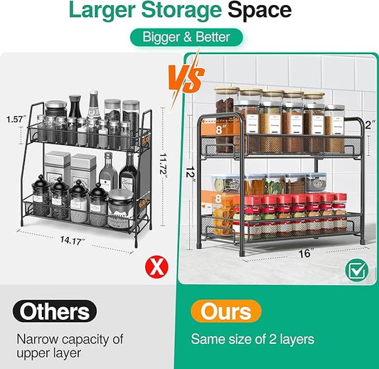 Spice Rack Organizer for Countertop 2 Pack, 2-Tier Counter Foldable Metal Standing Large Seasoning Storage Shelf for Kitchen Cabinet Bathroom Living Room Pantry Office, Black