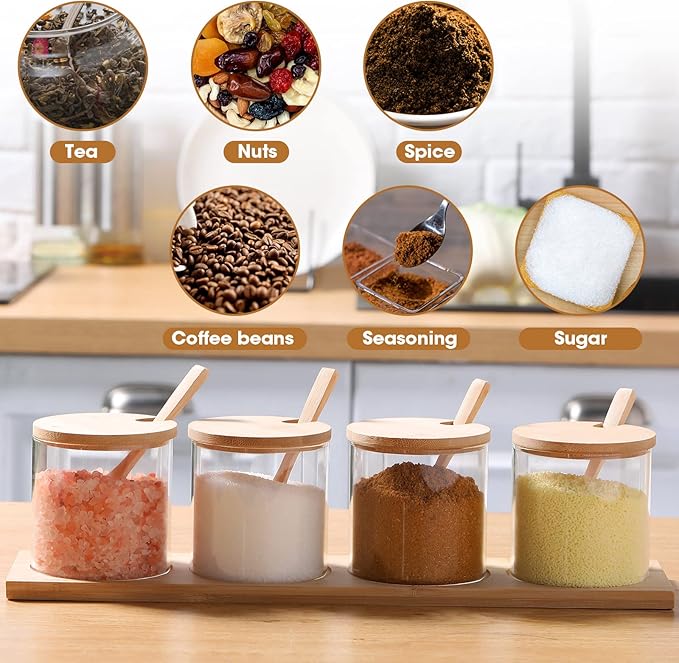 Zubebe 8 Pcs 10 oz Clear Glass Seasoning Jar with Wooden Lid and Spoon Adorable Sugar Condiment Jar Canisters Pot Set Bath Salt Sugar Storage Container Box for Home Cafe Kitchen