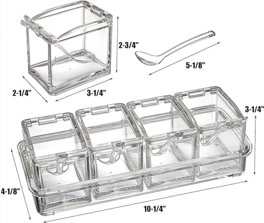Yesland Clear Seasoning Rack Spice Pots - 4 Piece Storage Container Condiment Jars - Acrylic Seasoning Box, Cruet with Cover and Spoon
