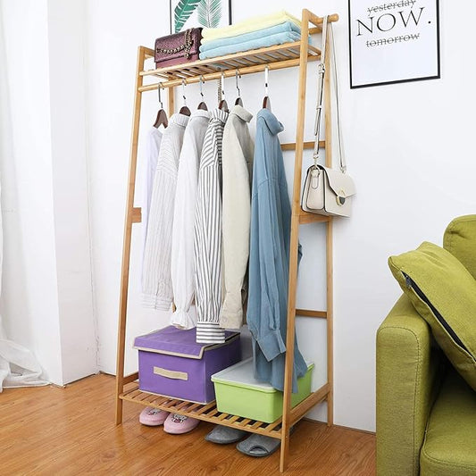 Ufine Bamboo Clothes Hanging Rack with 2 Tier Storage Shelves and 2 Coat Hooks Portable Laundry Rack Cloest Organizer Garment Rack for Bedroom Guest Room