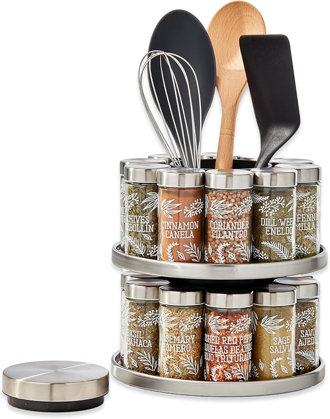 Kamenstein 20 Jar Revolving Spice Rack with Integrated Tool Caddy, Brushed Stainless Steel with Stainless Steel Caps