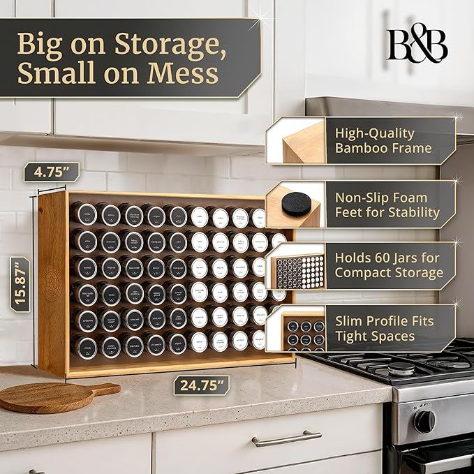 BOURBON & BARREL Wooden Spice Rack Organizer with Glass Jars | Stainless Steel Lids | Bamboo Countertop Spice Organization | 350 Waterproof Spice Labels | 2 Chalk Markers | 60 4oz Jars [Bamboo]