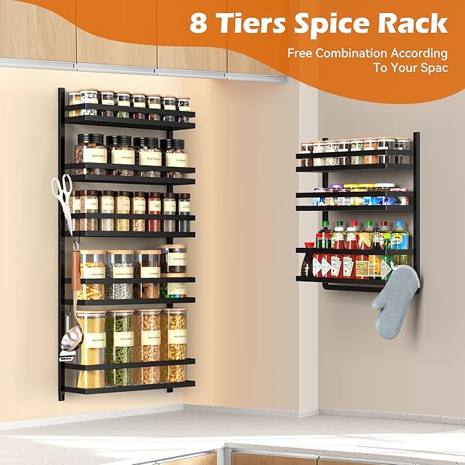 8-Tier-Wall-Mount-Spice-Rack-Organizer W/ Adjustable Basket&Fence, Large Over The Door Spice Seasoning Shelf For Pantry Kitchen, Hanging Spice Organization For Cabinet Door, Bathroom Door Storage