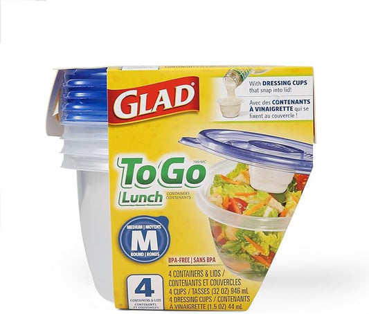 GladWare To Go Lunch Food Storage Containers, Medium Round Holds 32 Ounces of Food, 4 Count Set