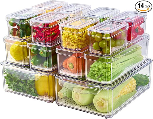 14 Pack Fridge Organizers, Refrigerator Organizer Bins with Lids, BPA Free Stackable Fruit Storage Containers for Fridge, Vegetables, Food and Drinks