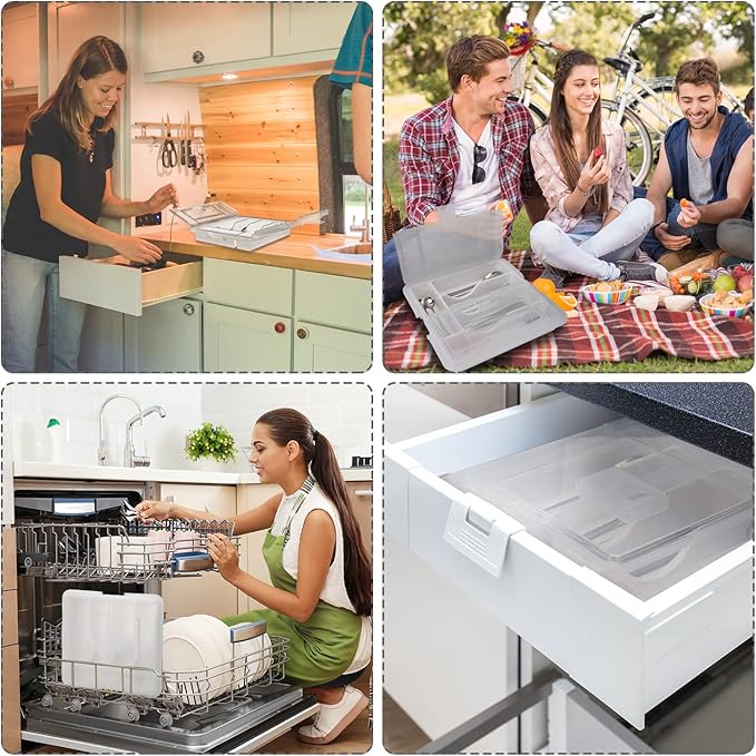 Silverware Organizer with Cover, Portable Cutlery Holder Flatware Tray with Lid Plastic Silverware Storage Box 5 Compartments for Kitchen Drawer (white)