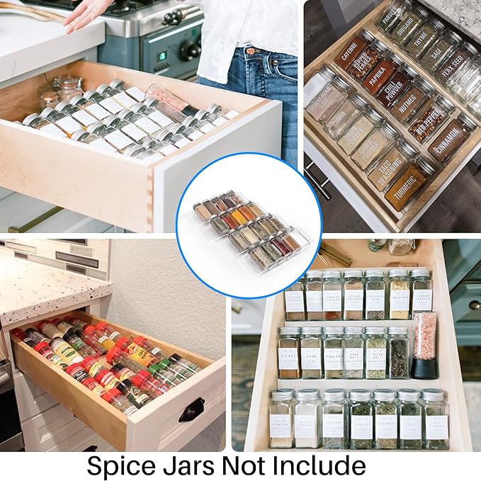 Antimbee Spice Drawer Organizer, 4 Tier- 4 Pack Acrylic Spice Rack Tray for Drawer,Kitchen Spice Rack Tray for Countertop expandable From 13" to 26",Holds up 28 Spice Jars (Jars not Include)
