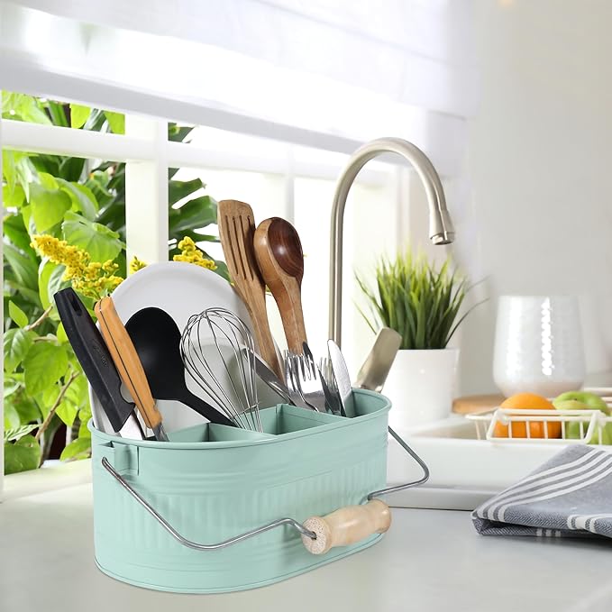 Utensil Holder For Parties - Galvanized Party Organizer, Picnic Plates & Utensils Caddy - 13.5 Inch