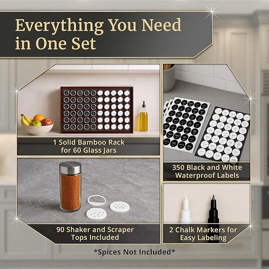 BOURBON & BARREL Wooden Spice Rack Organizer with Glass Jars | Stainless Steel Lids | Bamboo Countertop Spice Organization | 350 Waterproof Spice Labels | 2 Chalk Markers | 60 4oz Jars [Cherry]