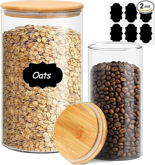 ComSaf Glass Food Storage Containers with Bamboo Lid (1.1Gallon/44oz), Glass Jar with Airtight Lid Clear Glass Food Canister Set of 2 for Dry food like Rice, Sugar, Flour, Pasta, Cereal, Beans, Nuts