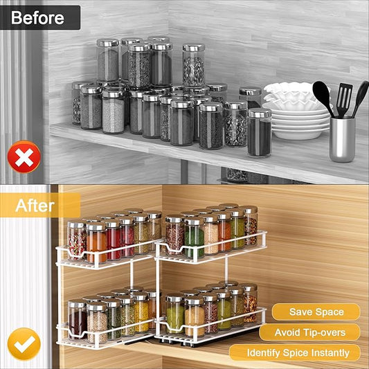 Pull Out Spice Rack Organizer for Cabinet, 2 Tier Slide Out Spice Rack, Sliding Spice Organizer Shelf, White