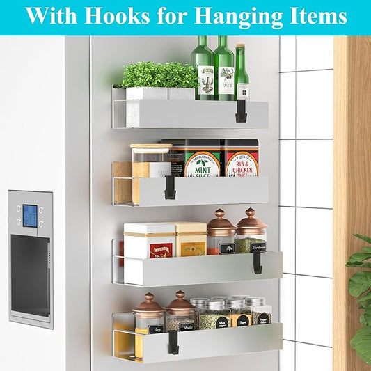 4 Pack Magnetic Spice Storage Rack Organizer for Refrigerator and Oven, Silver Fridge Organizers and Storage
