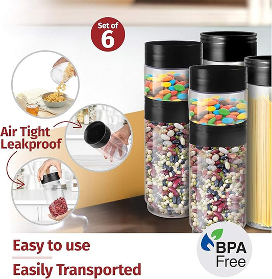 Plastic Jars with Lids – Set of 6 Clear Plastic containers– Space Saving Stackable Plastic Canisters with Lids – 2 of 16, 34, 50 oz. Wide Mouth Plastic Jars for Food Storage, Spaghetti, Crafts BPA Fre
