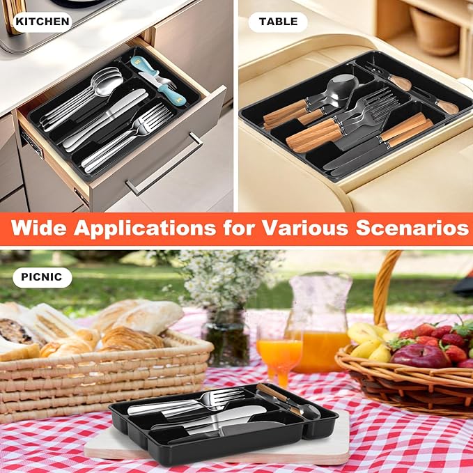 Plastic Silverware Drawer Organizer,Cutlery Storage for Kitchen Drawer Tray,Flatware and Utensil Organizer Holder Divider for Spoons Forks Knives Tableware, 4 Compartment,Small Black