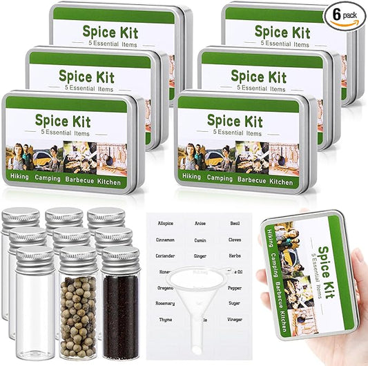 6 Sets Mini Camping Spice Kit with 4 Herb Spice Jar Mini Condiment Bottle Labels Sticker Funnel Metal Portable Seasoning Container for Travel Camping Kitchen Outdoor Picnic BBQ
