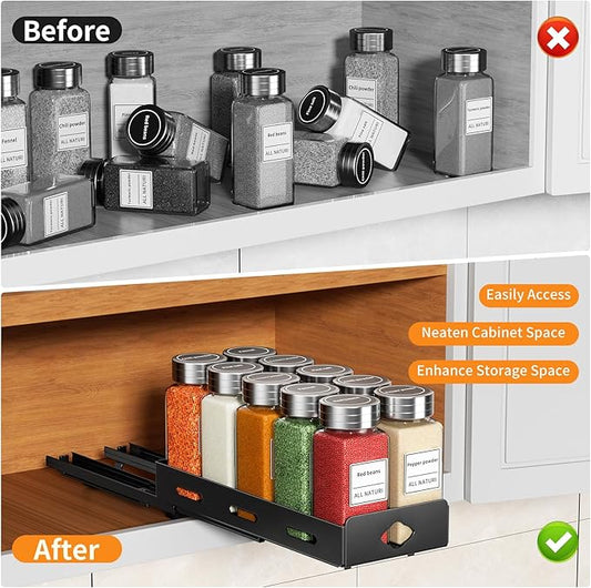 RCHYFEED Pull Out Spice Rack Organizer for Cabinet, Heavy Duty Slide Out Spice Rack for Inside Cabinets, Kitchen Cabinet Seasoning Organizer Small Vertical Spice Racks,4.2" Wx10.5 Dx2.8 H,Black