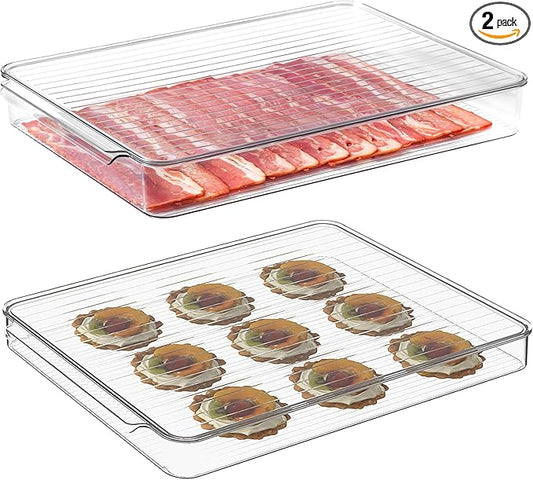 vacane Stackable Freezer Organizer, Flat Produce Saver Sliced Cheese Container with Lids, Freezer Storage Containers Food Storage Tray for Fruits, Vegetables, Meat