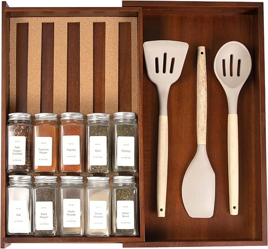Spice Drawer Organizer with Expandable Storage. Holds up to 15 Spice Jars (Not Included), Non-Slip Feet, Kitchen Accessory Storage, 100% Sustainable Bamboo Wood (Natural Acacia)