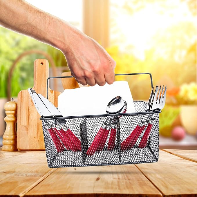 Utensil Caddy -Silverware Caddy for Parties, Spoon Holder, Buffet Organizer for Condiments, Napkin, Forks, Knives -Stainless Steel Flatware Caddy for Home, Picnics or Entertaining Evens (Black)