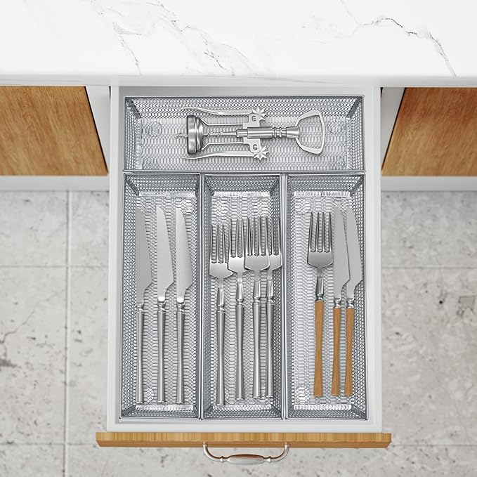 Silverware Organizer,Mesh Drawer Organizer for Kitchen，Metal Utensil Organizer for Flatware, Knives, Spoons,Cosmetic (Silver 9 * 3 * 2 inch Pack6)
