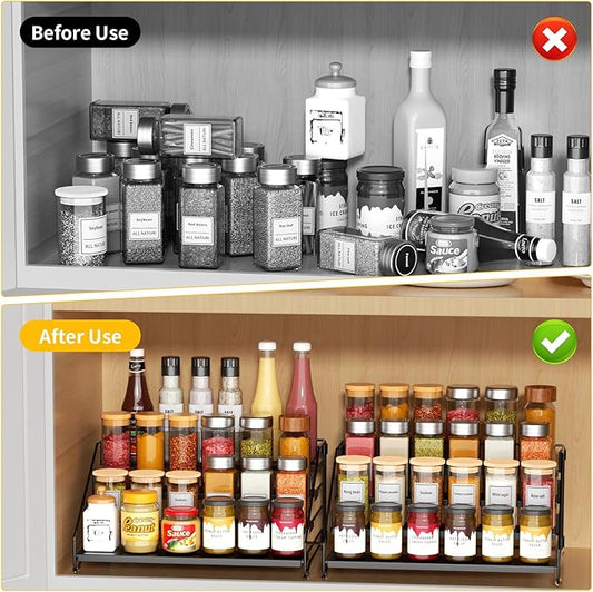RCHYFEED Spice Rack Organizer for Cabinet Pantry,4 Tier Countertop Spice Rack,Step Spice Organization Easy Visibility,Tierd Depth Expandable Seasoning Shelf for Cabinet Organizer (Black, 2Pack)
