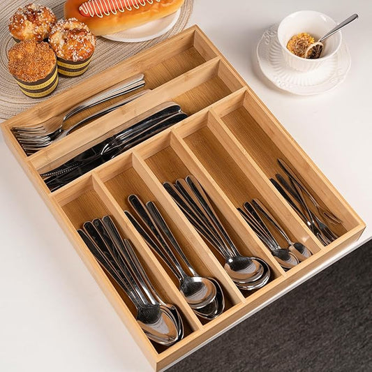 Silverware Organizer Bamboo Kitchen Drawer Organizer with 7 Slots Flatware Organizer Tray for Kitchen, Flatware, Utensils(Natural)
