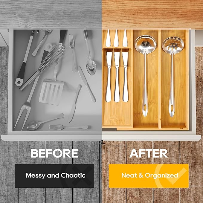 Bamboo Silverware Drawer Organizer Tray, Removable Dividers and Expandable Kitchen Utensil Tray for Different Dimension Flatware, Spoons, Forks, Knives (Natural,7 Slots)
