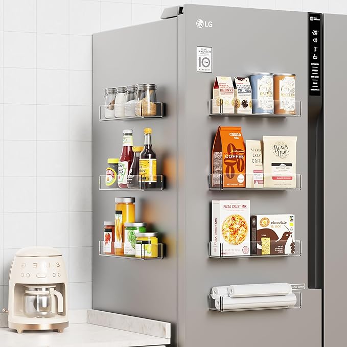 4 Pack Acrylic Spice Racks for Refrigerator and Oven, Magnetic Fridge Organizers and Storage, Clear
