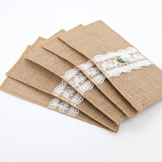 AOKQYA Wedding Utensil Holders - White Rose Lace Burlap Flatware Pouch for Cutlery Table Setting Set of 10 (Rose)