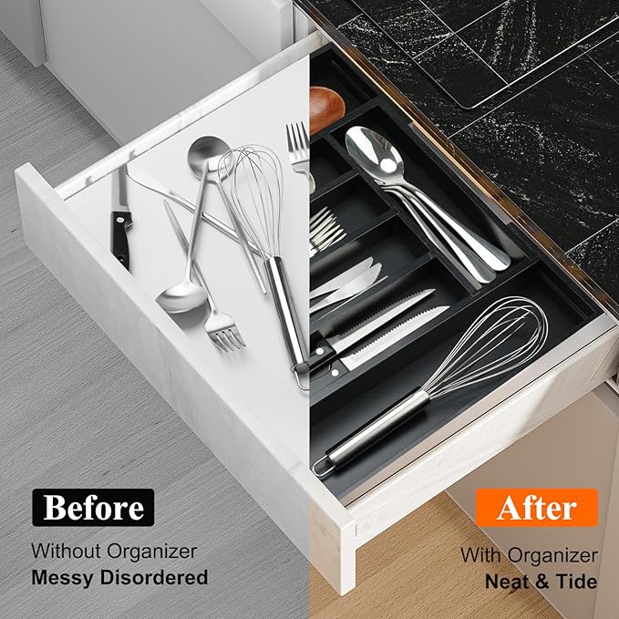 Expandable Large Kitchen Silverware Drawer Organizers Tray Bamboo Utensil Organizer Adjustable Cutlery Tray Black Wooden Flatware Organizers Divider Cooking Utensil Holder Drawer Fork Spoon Organizer