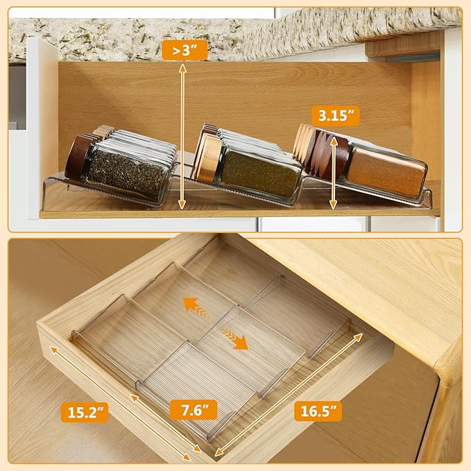 Spice Drawer Organizer 3 Tier- 2 Pack Clear Acrylic Drawer Seasoning Organizer Expandable From 7.5' to 15'' Kitchen Spice Rack Organizers and Storage for Drawer (Jars not included)