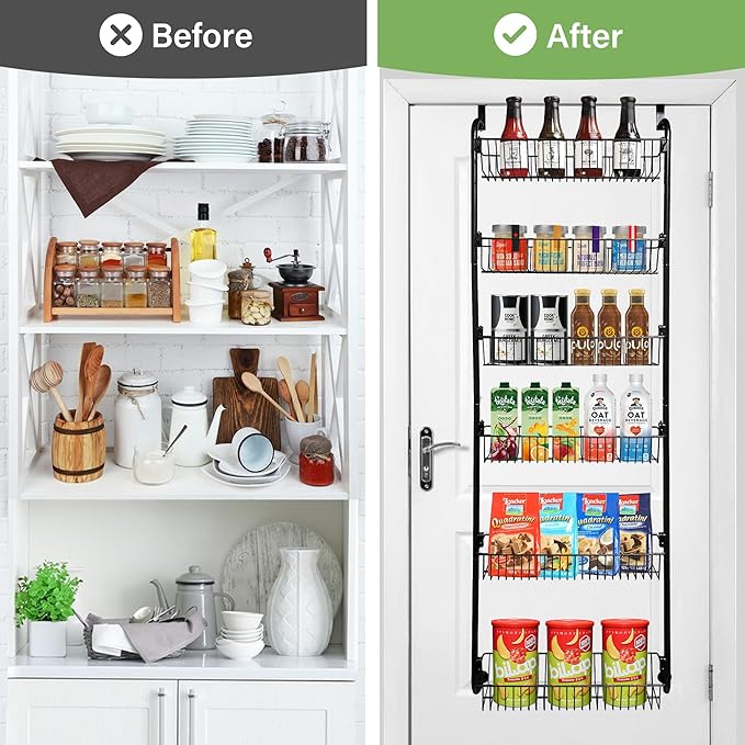COOLFXEND Over the Door Pantry Organizer,6-Tier Pantry Door Organizers and Storage,Metal Over the Door Spice Rack for Pantry/Kitchen,Space Saving,Easy to Install,Black(6x4.72 Width Baskets)