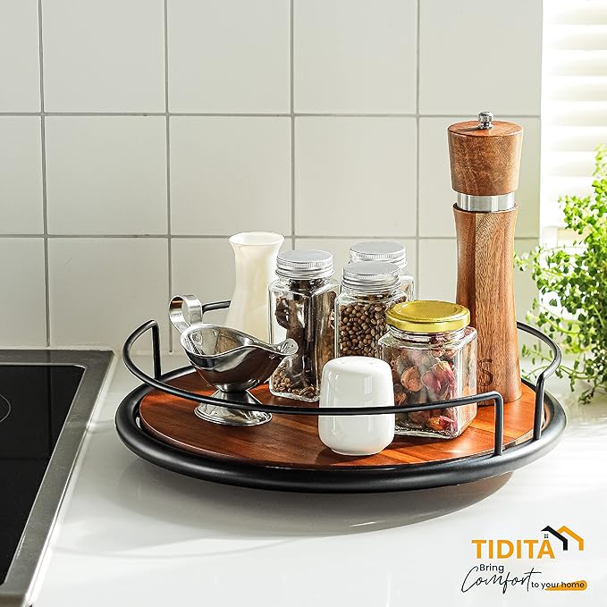 13" Acacia Wood Lazy Susan Turntable with Metal Frame for Table Top - Wooden Serving Tray Rotating for Kitchen Counter - Centerpiece Organizer Storage Food Bin Container for Pantry, Fridge