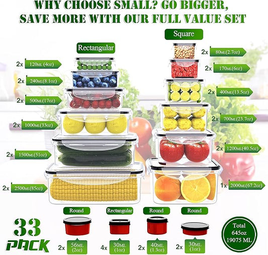 RockBerry 66 Pcs Large Food Storage Containers with Lids Airtight-Total 19075ML Stackable Kitchen Bowls Set(33 Containers,33 Lids) 2500ML to Small Box-BPA Free Leak proof Plastic Boxes-Microwave safe