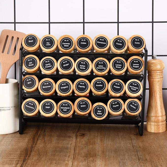 DIMBRAH Spice Jars with Label-4oz 36Pcs, Glass Spice Jars with Bamboo Lids, Container Set with White Printed Labels,Kitchen Empty Jars with Shaker Lids