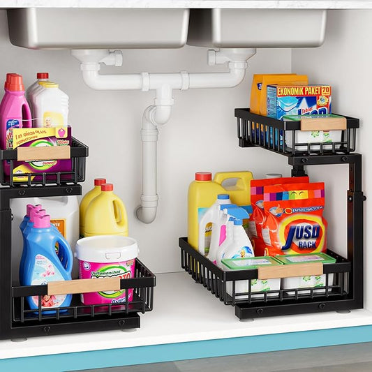 2-Packs 2-Tier Under Sink Organizers – Upgraded 3.0 Version, Sliding Pull-Out Cabinet Storage Shelf, Metal Drawer for Kitchen, Bathroom, Pantry & Closet Organization Rack, Rust-Resistant & Heavy-Duty