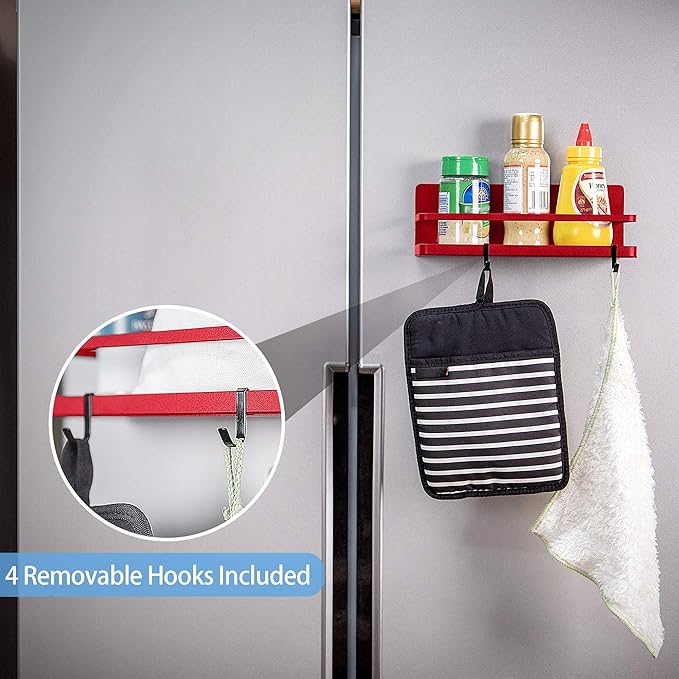 2 Pack - Magnetic Spice Rack, Fridge Organizer Shelf, Side Wall Refrigerator Storage for Spices, Utensils or Plates, Works as Towel Holder with Hooks, Organization for Home and Kitchen (Red)