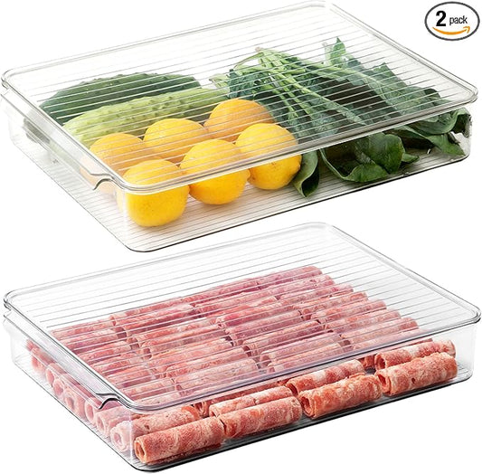 vacane 2 Pack Deli Meat Container for Fridge, Bacon Container with Lids for Refrigerator Fruit, Cold Cuts, Cheese Keeper Marinade Tray, Stackable Freezer Storage Containers