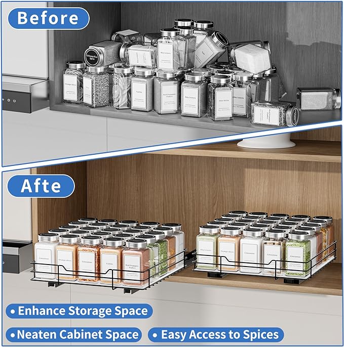 Pull Out Spice Rack, Slide Out Spice Rack for Cabinet, Spice Organizer for Kitchen and Pantry, Fits Spices, Sauces, Canned Food (10.5''Wx10.5''Dx2.5''H)