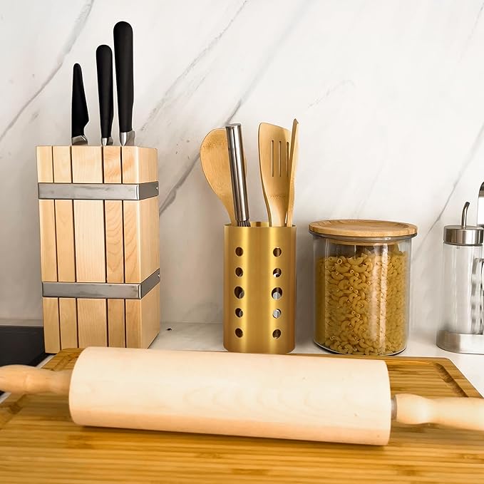 Gold Stainless Steel Utensil Holder 3.93x6.9 inch – Flatware Cylinder Draining Organizer & Drying Rack Caddy Basket for Kitchen Counter with Round Drain Holes, Stand for Fork, Knive, Spoon, Chopstick