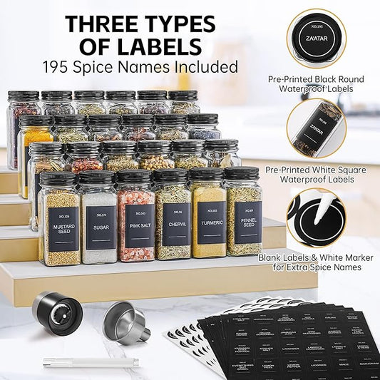 Spice Jars, 24 Pcs 4oz Seasoning Jars with Label, Glass Jars with Shaker Lids, Spice Containers Bottles with Pepper Grinder & Stainless Steel Funnel for Seasoning Organizer, Cabinet, Drawer