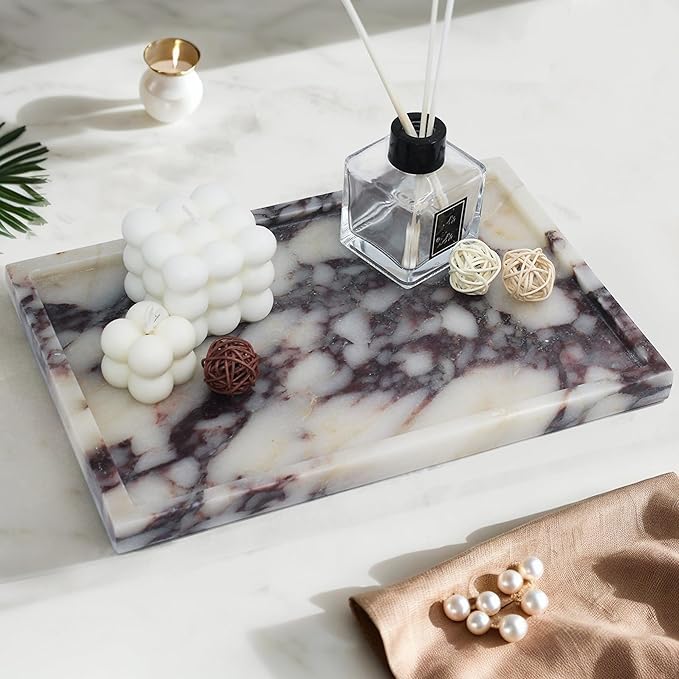 100% Real Luxury Natural Marble Vanity Tray Genuine Calacatta Viola Marble Stone Storage Trays for Home Decor Bathroom Vanity Dresser Kitchen, Non-Resin/Non-Ceramic, 11.7" x 7.8"