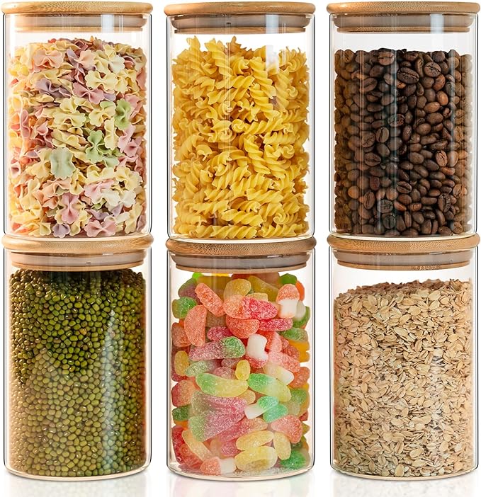 50oz Glass Food Storage Jars Set of 6,Glass Storage Containers Clear Glass Food Canister with Bamboo Lid Airtight For Serving Tea, Coffee, Flour, Sugar, Candy, Cookie, Spice and More (Round)