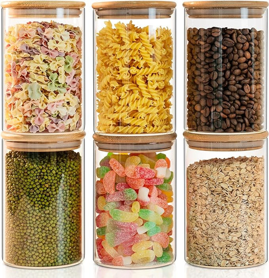 50oz Glass Food Storage Jars Set of 6,Glass Storage Containers Clear Glass Food Canister with Bamboo Lid Airtight For Serving Tea, Coffee, Flour, Sugar, Candy, Cookie, Spice and More (Round)