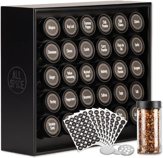 AllSpice Wood Spice Rack, 525 Unique Labels, Countertop or Wall Mount, Includes 30 4oz Jars- Matte Black