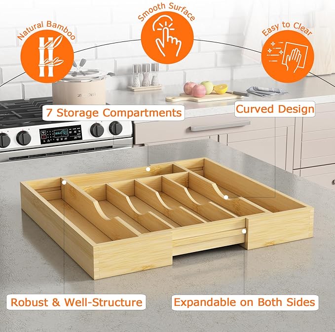 Bamboo Utensil Organizer for Kitchen Drawers, Expandable Utensil Tray and Cutlery Silverware Holder,Wood Drawer Dividers with 7 Adjustable Slots