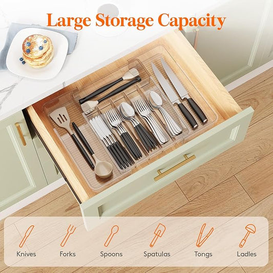 Lifewit Silverware Organizer for Kitchen Drawer, Clear Expandable Utensil Tray for Spoons Forks Knives, Adjustable Flatware Cutlery Holder Storage, Large