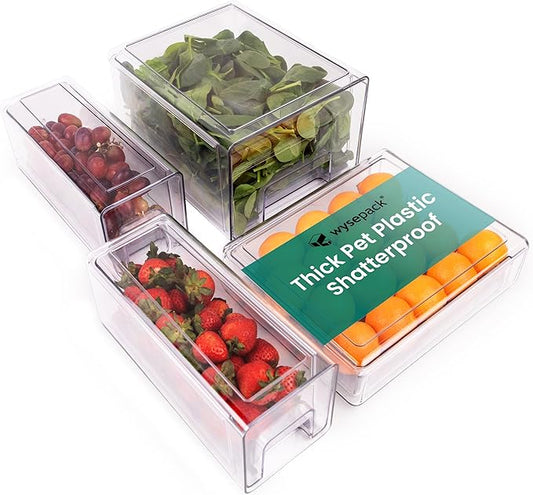 4-Pack - Fridge Organizer Bins - Stackable Fridge Organization with Drawers, Water Collection Insert, Easy Access Refrigerator Organizers and Storage