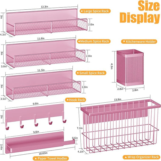 Magnetic Spice Rack for Refrigerator, 7 Pack Metal Magnetic Shelf, Moveable Magnetic Storage Fridge Organizer Pink, Spice Organizer, Hook Rack, Paper Towel Holder, Cutting Board Holder, HM5470